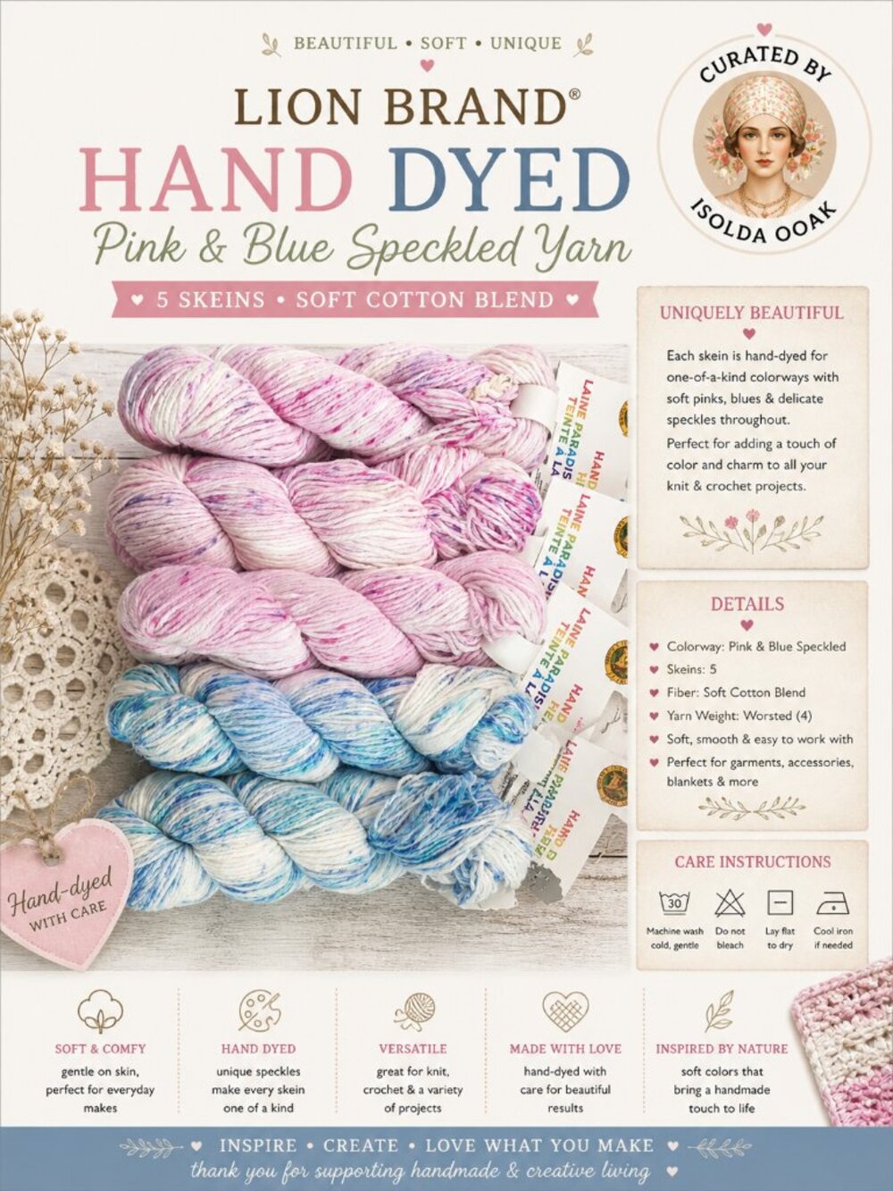 LION BRAND Hand Dyed Pink & Blue Speckled Yarn 5 Skeins - Soft Cotton Blend